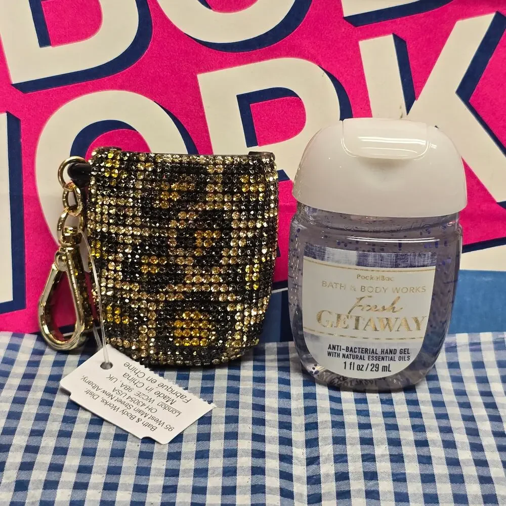 BBW Gold Cheetah Gems SnapBac Pocketbac Holder & Fresh Getaway Refill Keychain